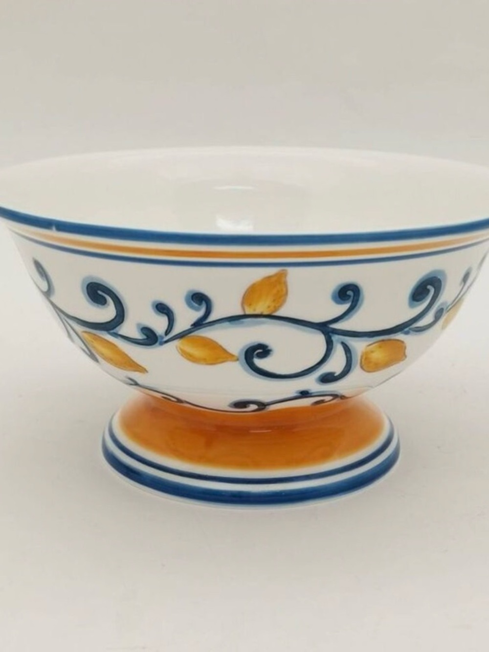 NEW! Muchoise - Ceramic Decorative Bowl Hand-Painted, White/Blue/Yellow, 10” - Picture 2 of 6
